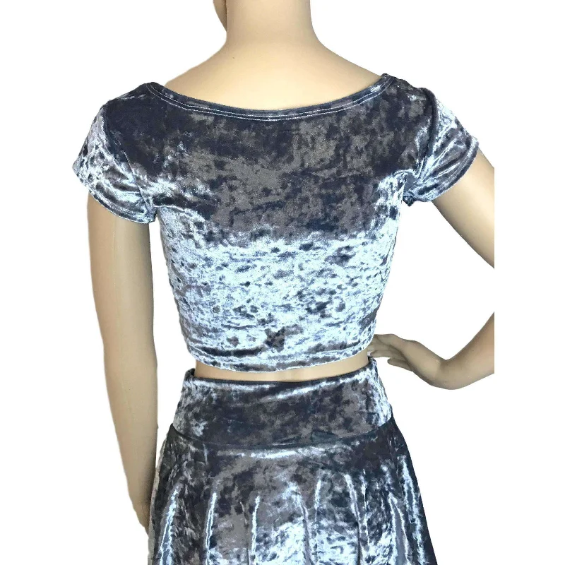 Cap Sleeve Crop Top - Silver Gray Crushed Velvet