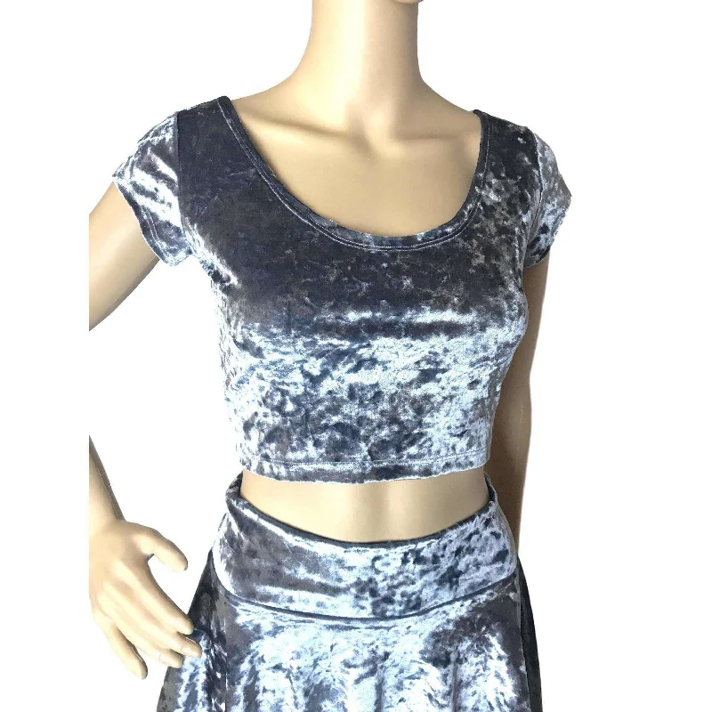 Cap Sleeve Crop Top - Silver Gray Crushed Velvet