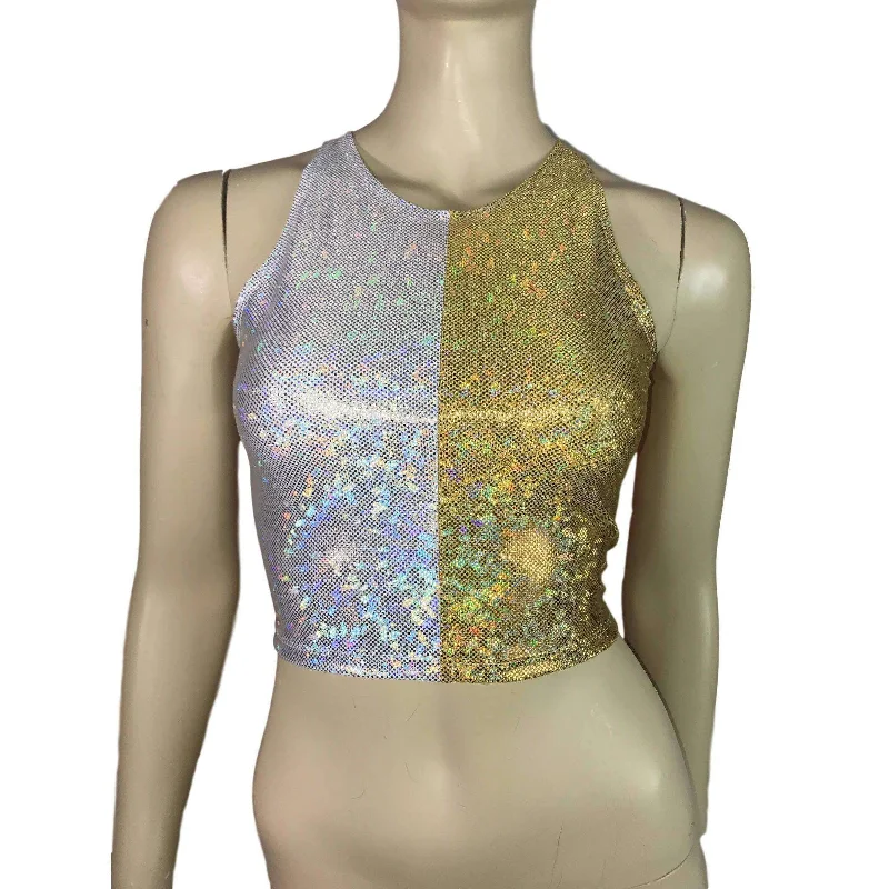 Silver/Gold Holographic Shattered Glass Crop Top - bodycon Clubwear, Rave Wear, Activewear, Running, Yoga, crossfit