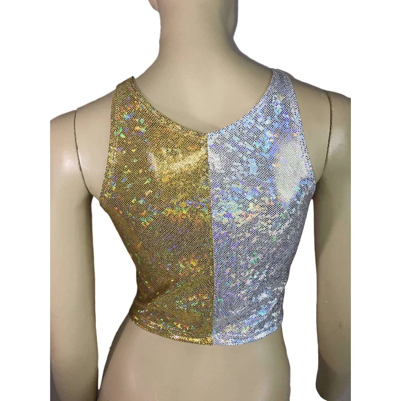 Silver/Gold Holographic Shattered Glass Crop Top - bodycon Clubwear, Rave Wear, Activewear, Running, Yoga, crossfit