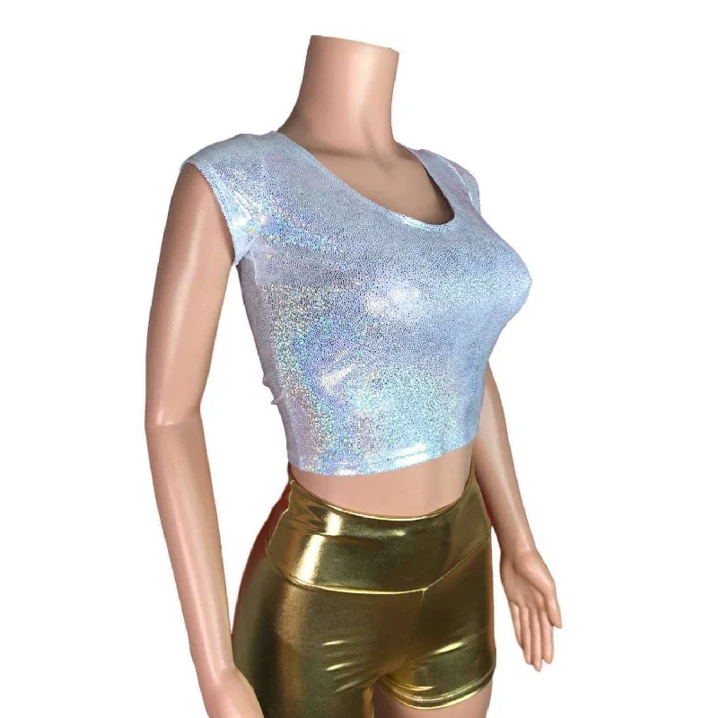 Cap Sleeve Crop Top - Silver Holographic