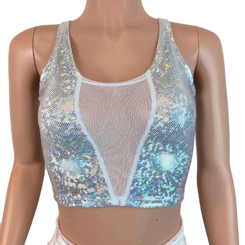 Mesh Inset Crop Tank Top - Silver on White Shattered Glass