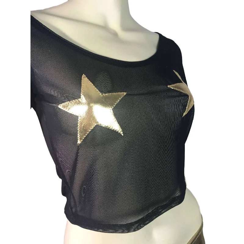 Stars Black Mesh Cropped Tee Shirt Top