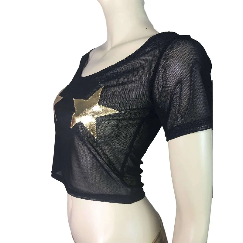 Stars Black Mesh Cropped Tee Shirt Top