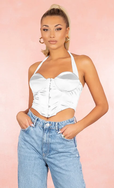 Sweet Idea White Satin Sleeveless Bustier Halter Crop Top Blouse