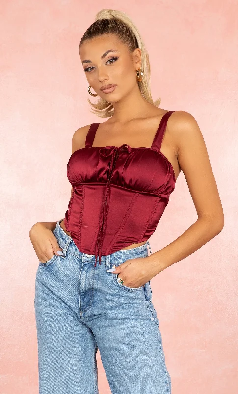 Vegas Lounge Burgundy Satin Sleeveless Drawstring Neck Bustier Bodycon Crop Top Blouse