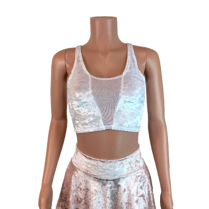 Mesh Inset Crop Tank Top - White Crushed Velvet