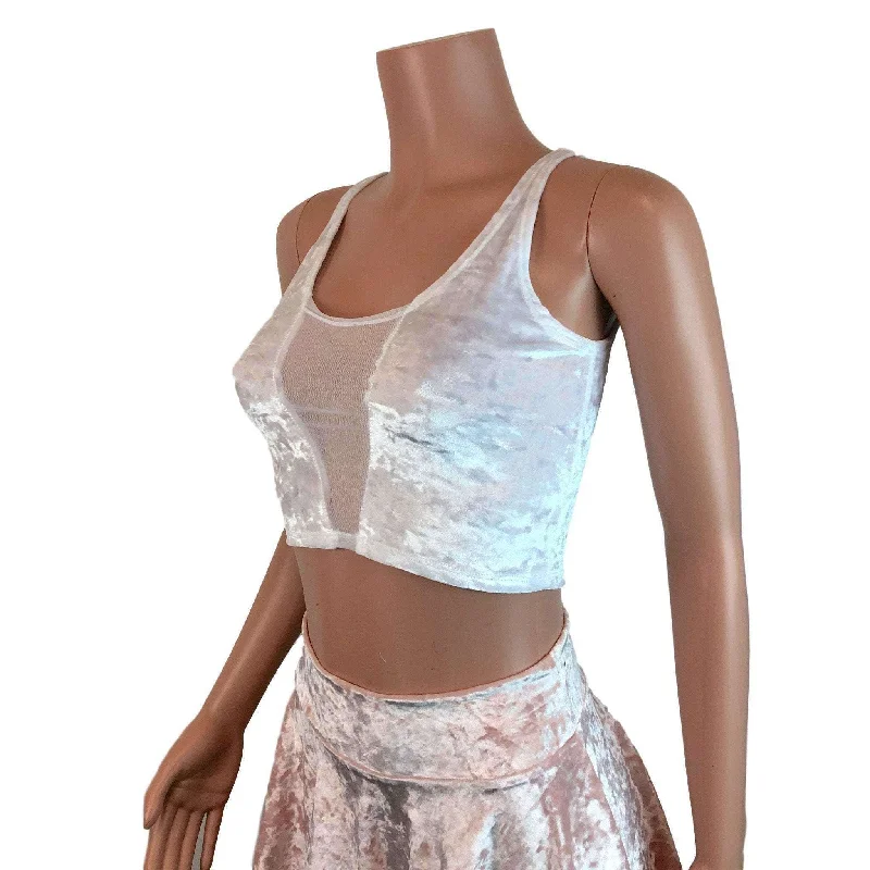 Mesh Inset Crop Tank Top - White Crushed Velvet