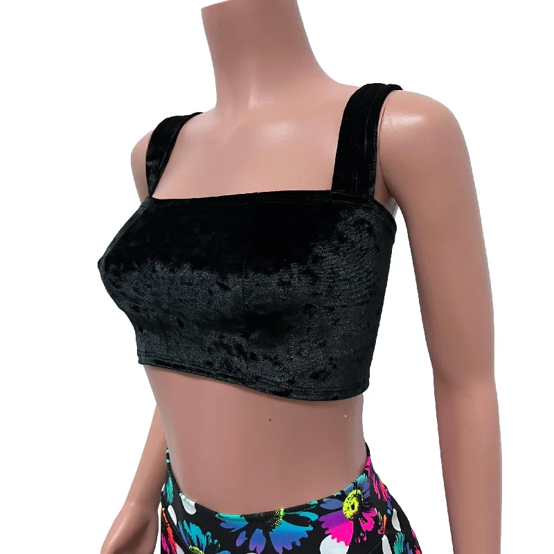 Wide Strap Square Neckline Crop Top -  Black Crushed Velvet