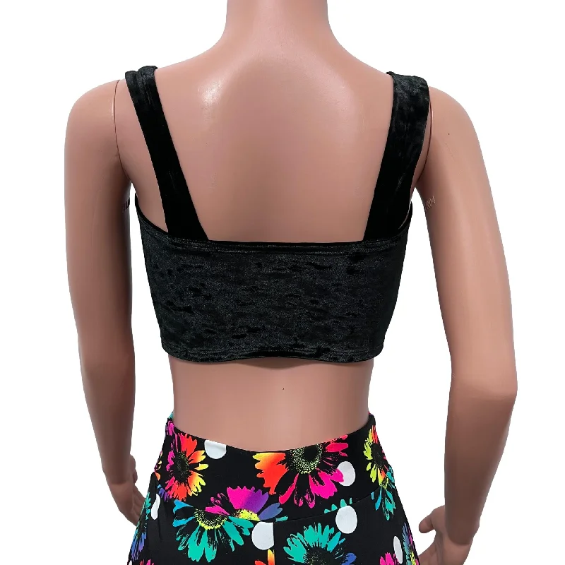 Wide Strap Square Neckline Crop Top -  Black Crushed Velvet