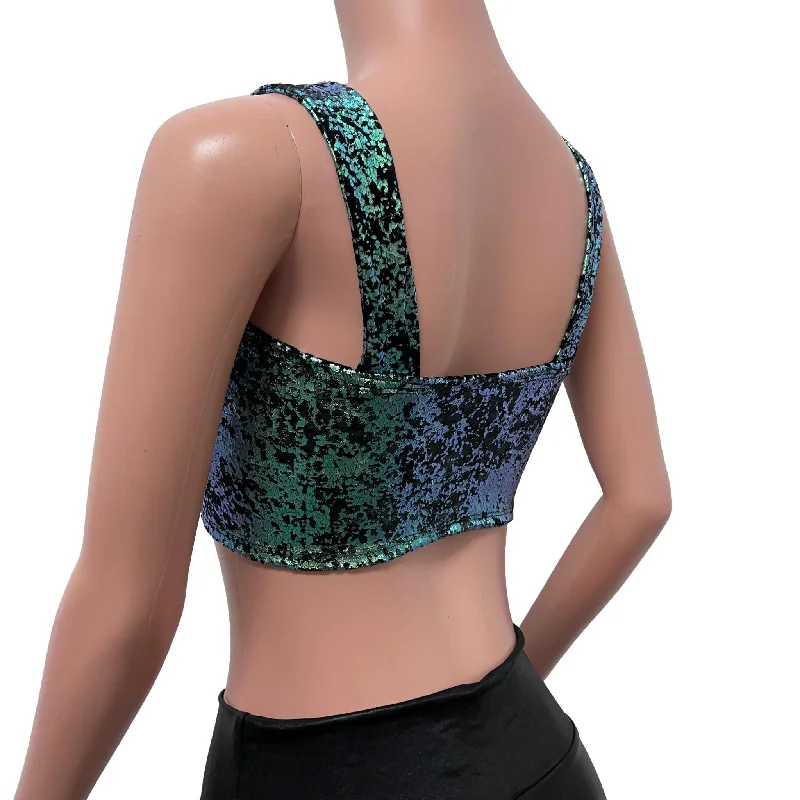 Wide Strap Square Neckline Crop Top -  Green on Black Gilded Velvet