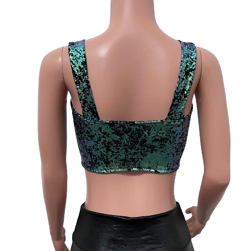 Wide Strap Square Neckline Crop Top -  Green on Black Gilded Velvet