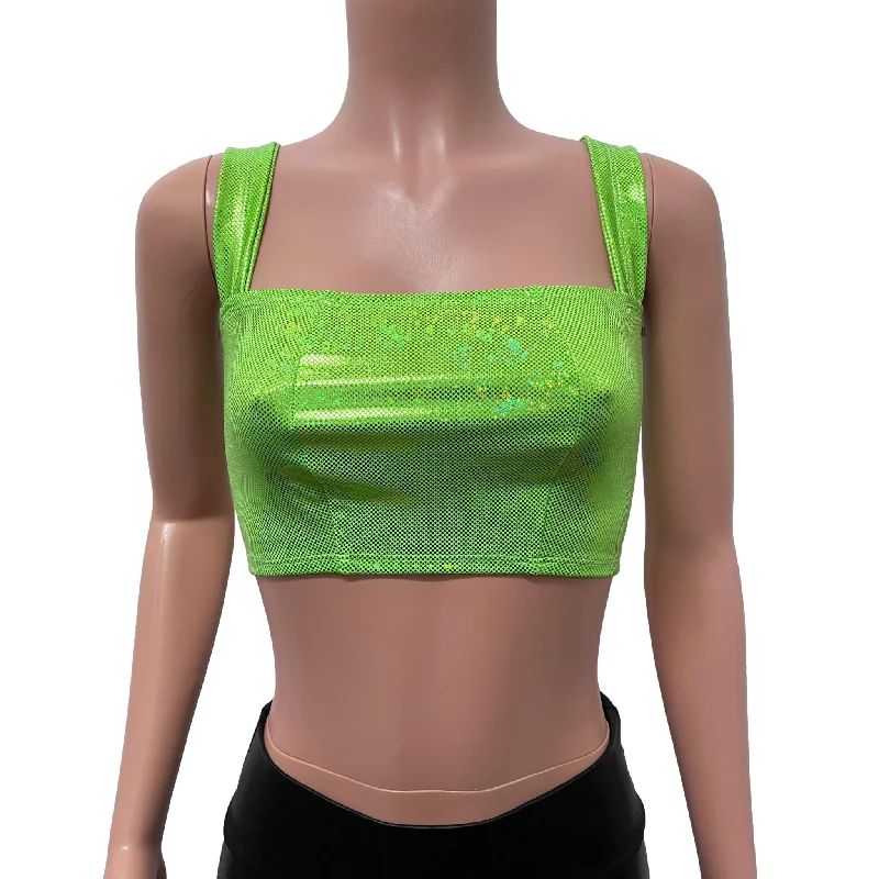 Wide Strap Square Neckline Crop Top - Lime Holographic Shattered Glass