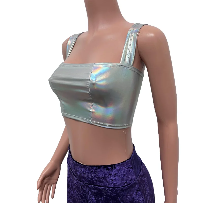 Wide Strap Square Neckline Crop Top - Opal Holographic