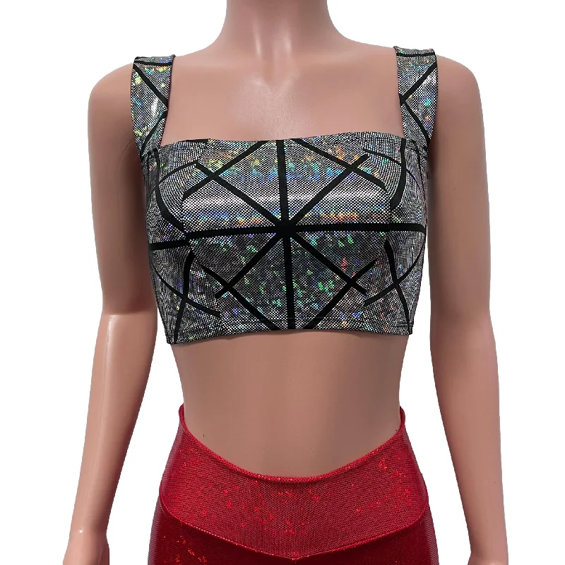 Wide Strap Square Neckline Crop Top - Silver Glass Pane Holographic