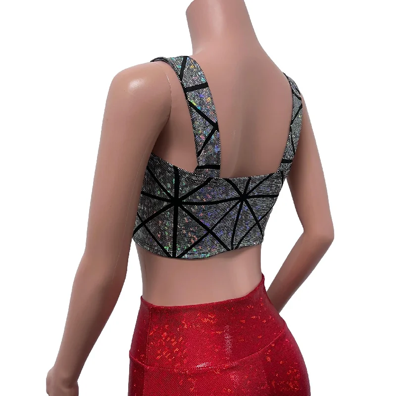 Wide Strap Square Neckline Crop Top - Silver Glass Pane Holographic