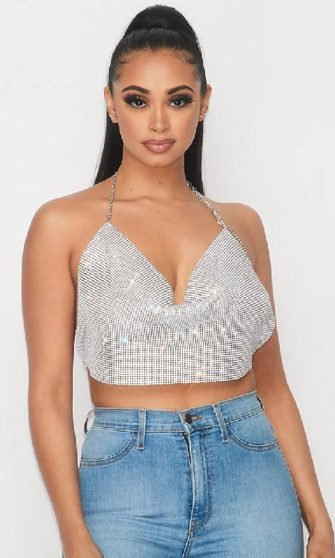 Wishful Thinking Silver Rhinestone Crystal Metal Mesh Sleeveless Spaghetti Strap Halter Drape Neck Backless Crop Tank Top