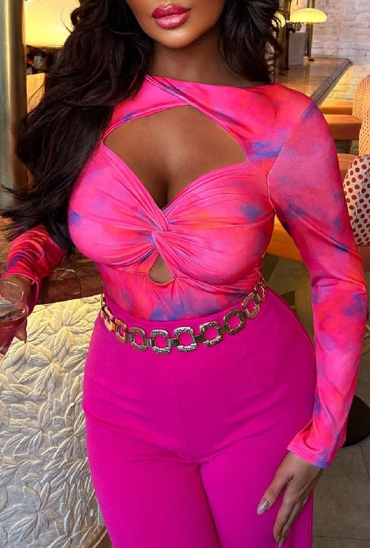 Baddie Mode Hot Pink Marble Print Cut Out Bodysuit