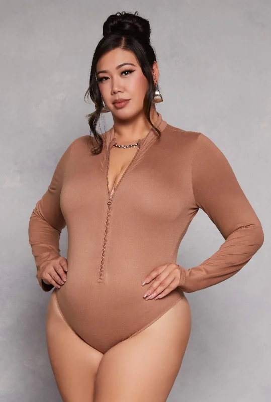 Plus Size Zip Front Mock Neck Bodysuit