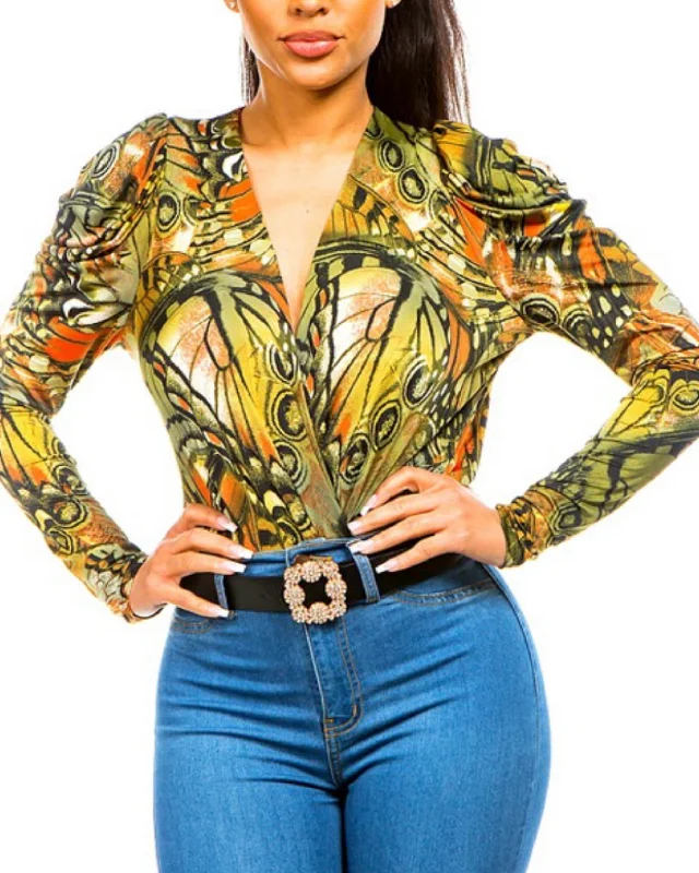 BUTTERFLY WING PRINT SURPLICE BODYSUIT