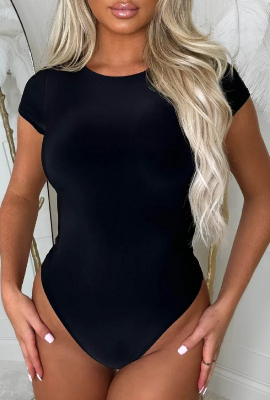 Cool Attire Black Round Neck Stretch Short Sleeve Bodysuit