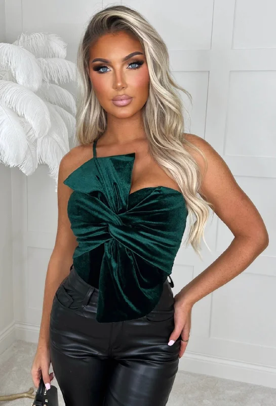 Cute As A Bow Green Bow Front Velvet Bodysuit