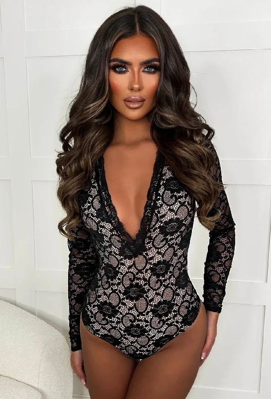 Forever Feels Black Sheer Back Lace Plunge Bodysuit