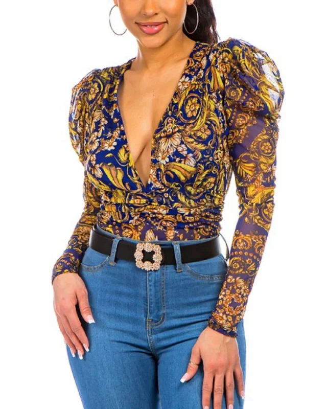 BAROQUE-FLORAL & RUCHED WAISTBAND BODYSUIT