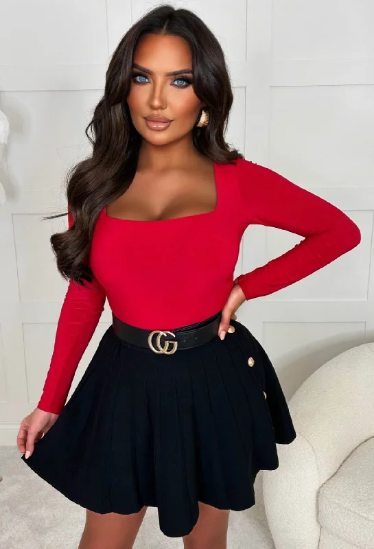 Girl Like Me Red Square Neck Long Sleeve Bodysuit