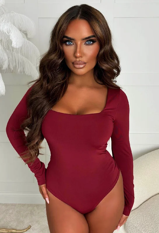 Girl Like Me Wine Square Neck Long Sleeve Bodysuit