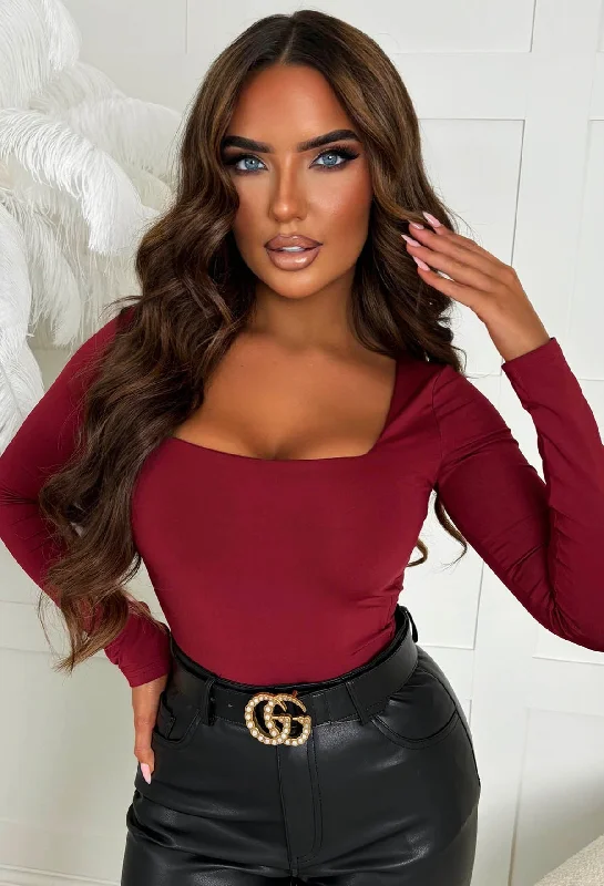 Girl Like Me Wine Square Neck Long Sleeve Bodysuit