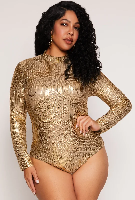 Plus Size Foil Screen Mock Neck Bodysuit