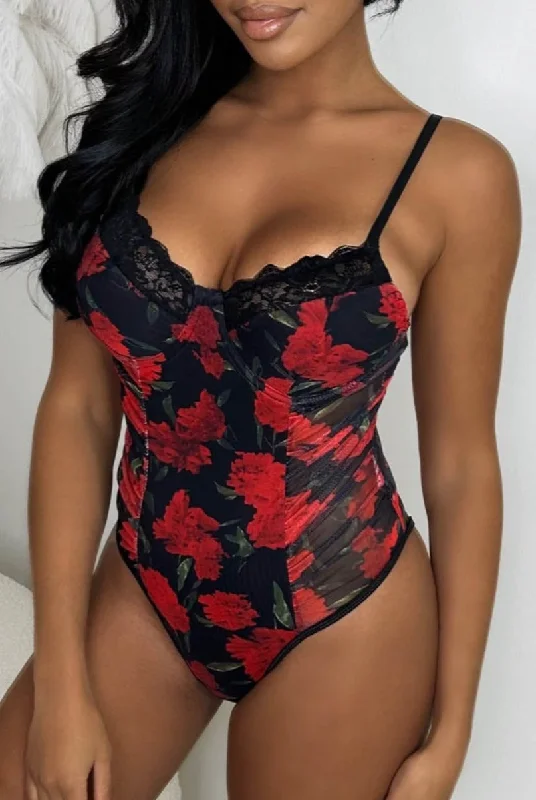 Love To Dream Multi Rose Print Mesh Bodysuit