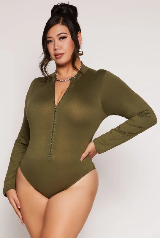 Plus Size Zip Front Mock Neck Bodysuit