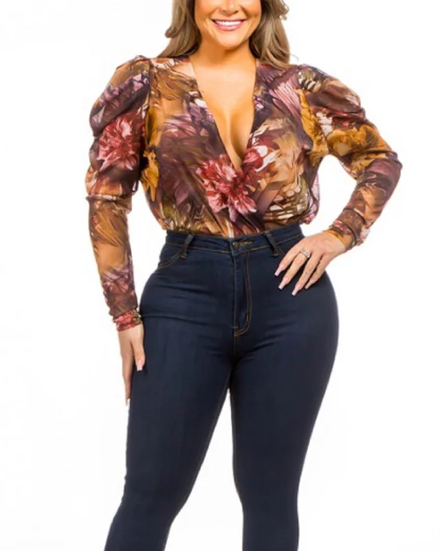 PLUS SIZE SHEER & MESH FLORAL PRINT SURPLICE BODYSUIT