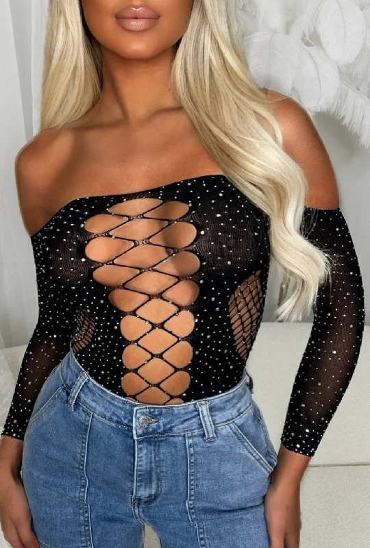 Taste Of Paradise Black Cut Out Mesh Hotfix Bodysuit